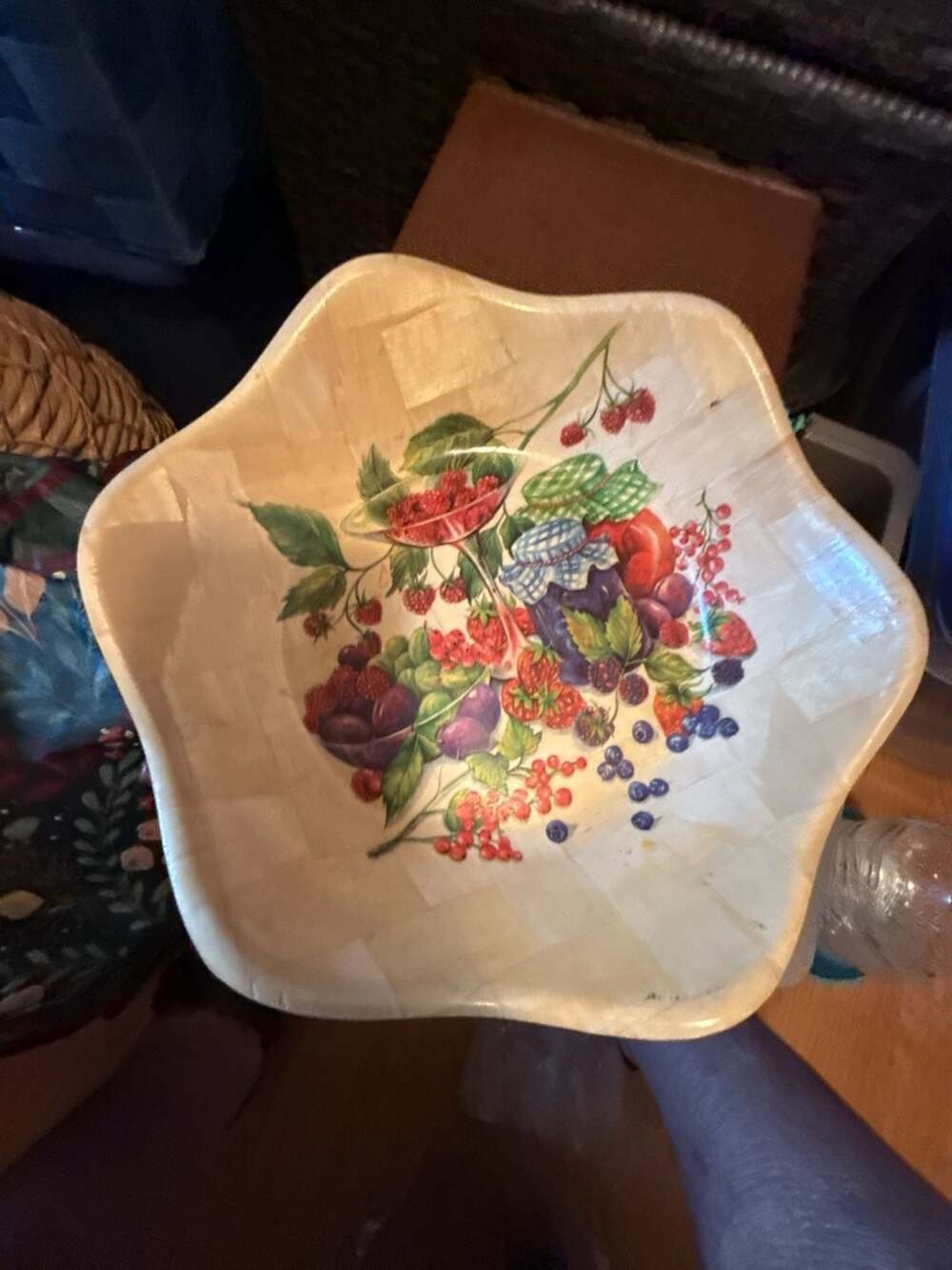 Vintage Bamboo Woven Fruit Serving Bowl Scalloped Edge